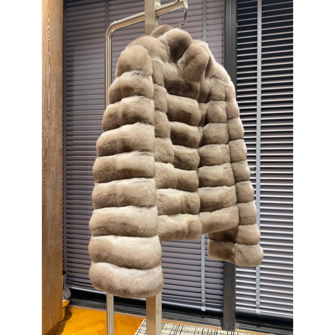 讴咪 立领短款进口龙猫皮草 稀有浅香槟横排女士精致裘皮外套