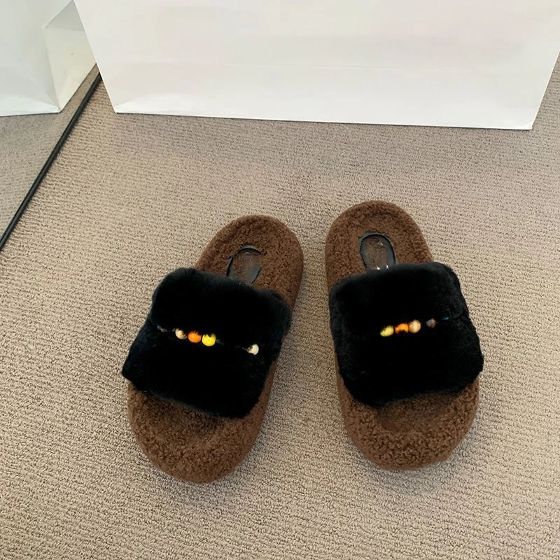 保暖一字棉毛毛鞋时尚增高女毛拖2025外穿新款秋冬串珠毛绒