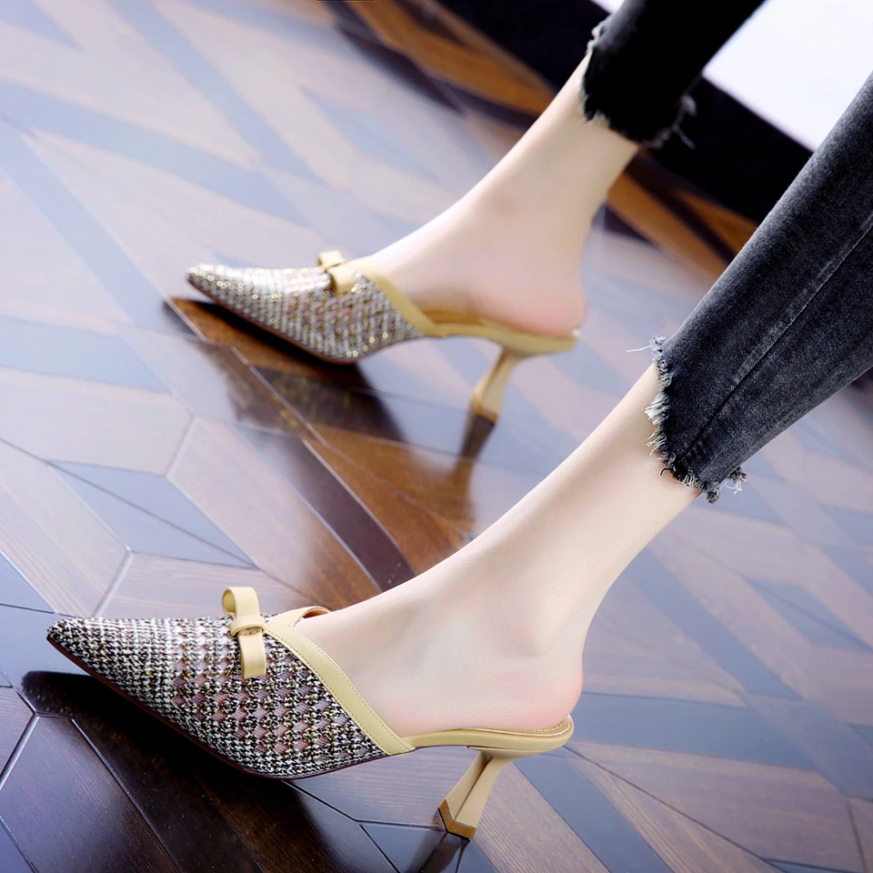 6CM[已开价]尖头细跟凉拖鞋外穿夏季包头拖中高跟半拖鞋女1916-38