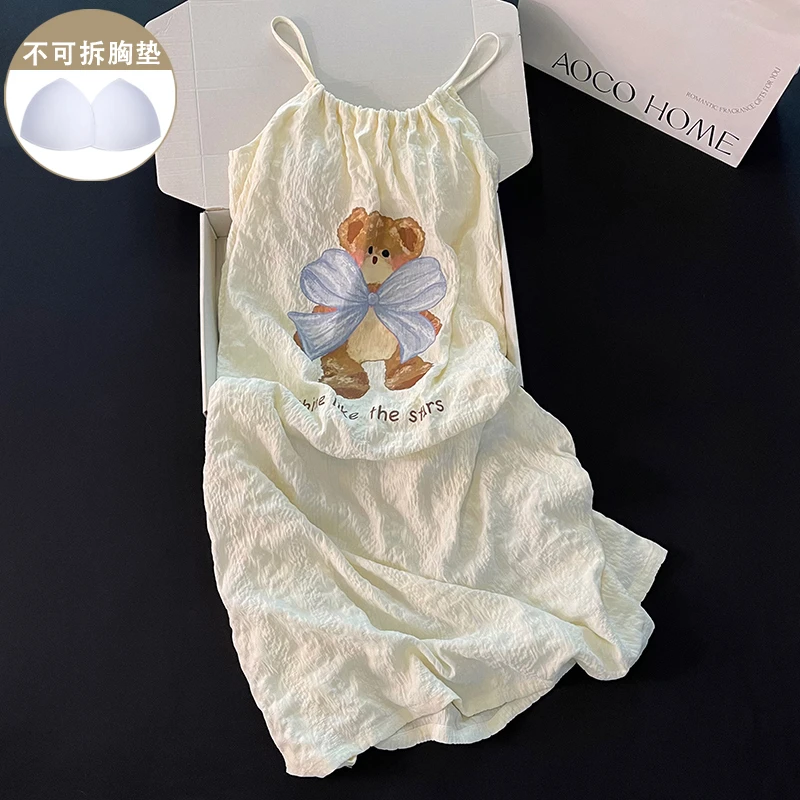可爱小熊睡衣女夏季带胸垫吊带杏色睡裙性感学生简约小个子家居服