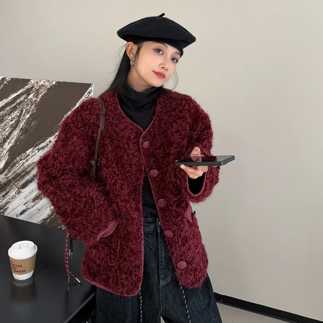 无印心匠皮毛一体~纯色 单排扣 时尚外套 A8035-1