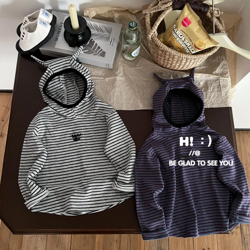 【现货】郝叔童品秋季新款2025男童时尚潮牌网红条纹连帽T恤HL5380