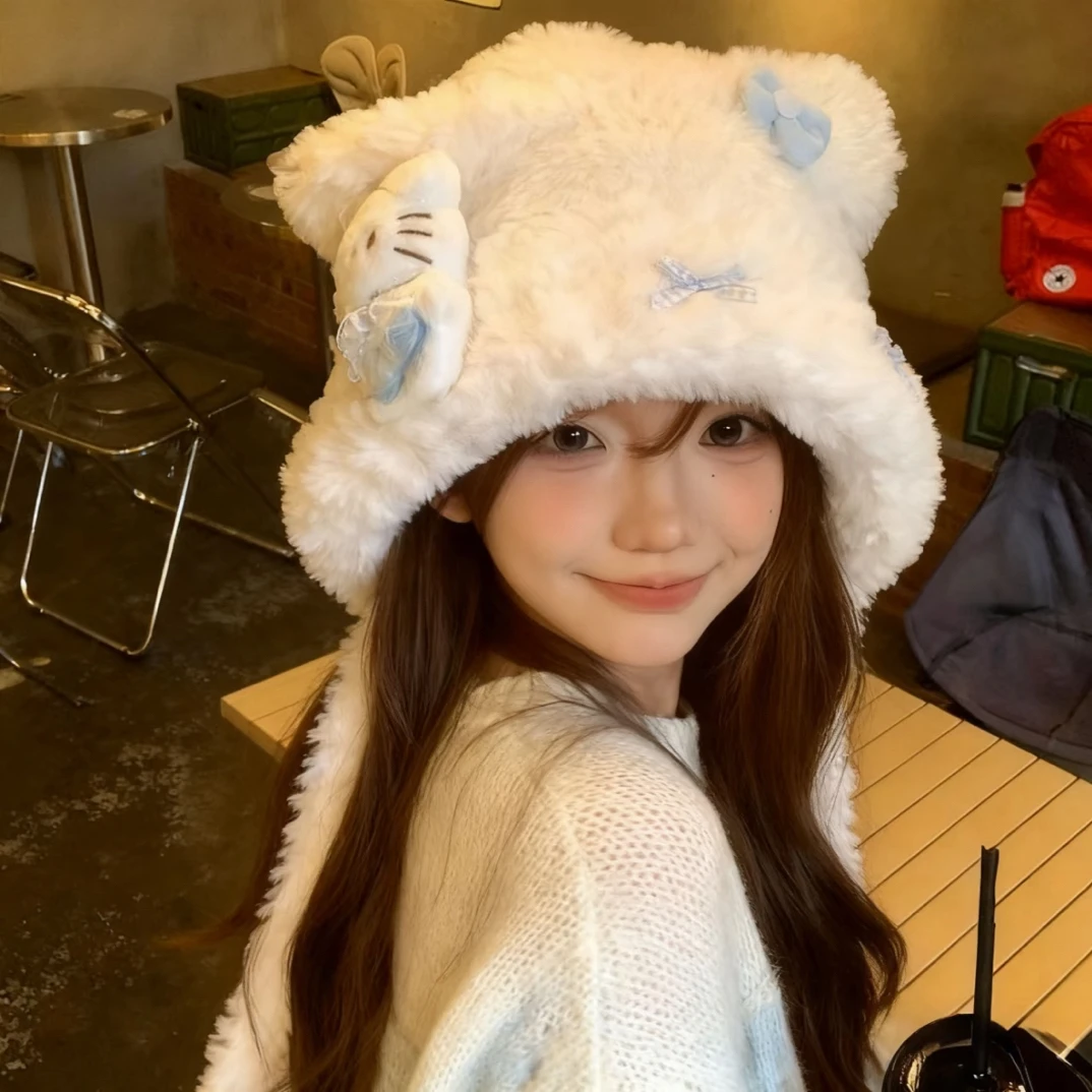 韩系kitty猫耳朵蝴蝶结毛绒帽女冬季保暖包头帽甜美可爱护耳帽子