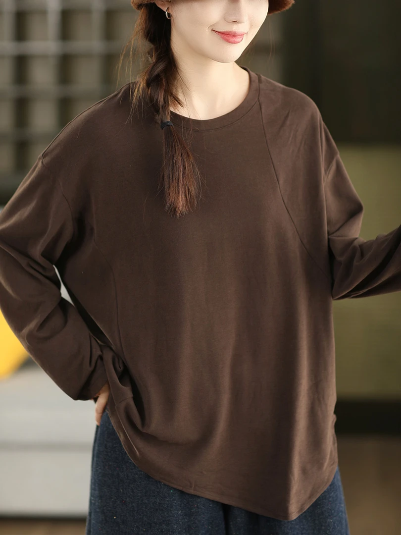 新款复古棉质套头衫秋季长袖打底T恤纯色百搭内搭上衣叠搭打底衫
