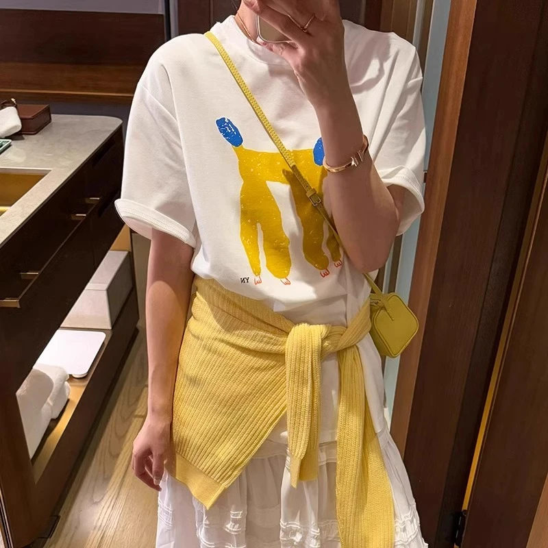 芯娇晴卡通狗狗印花大版T恤女夏季2025新款欧货洋气宽松显瘦上衣