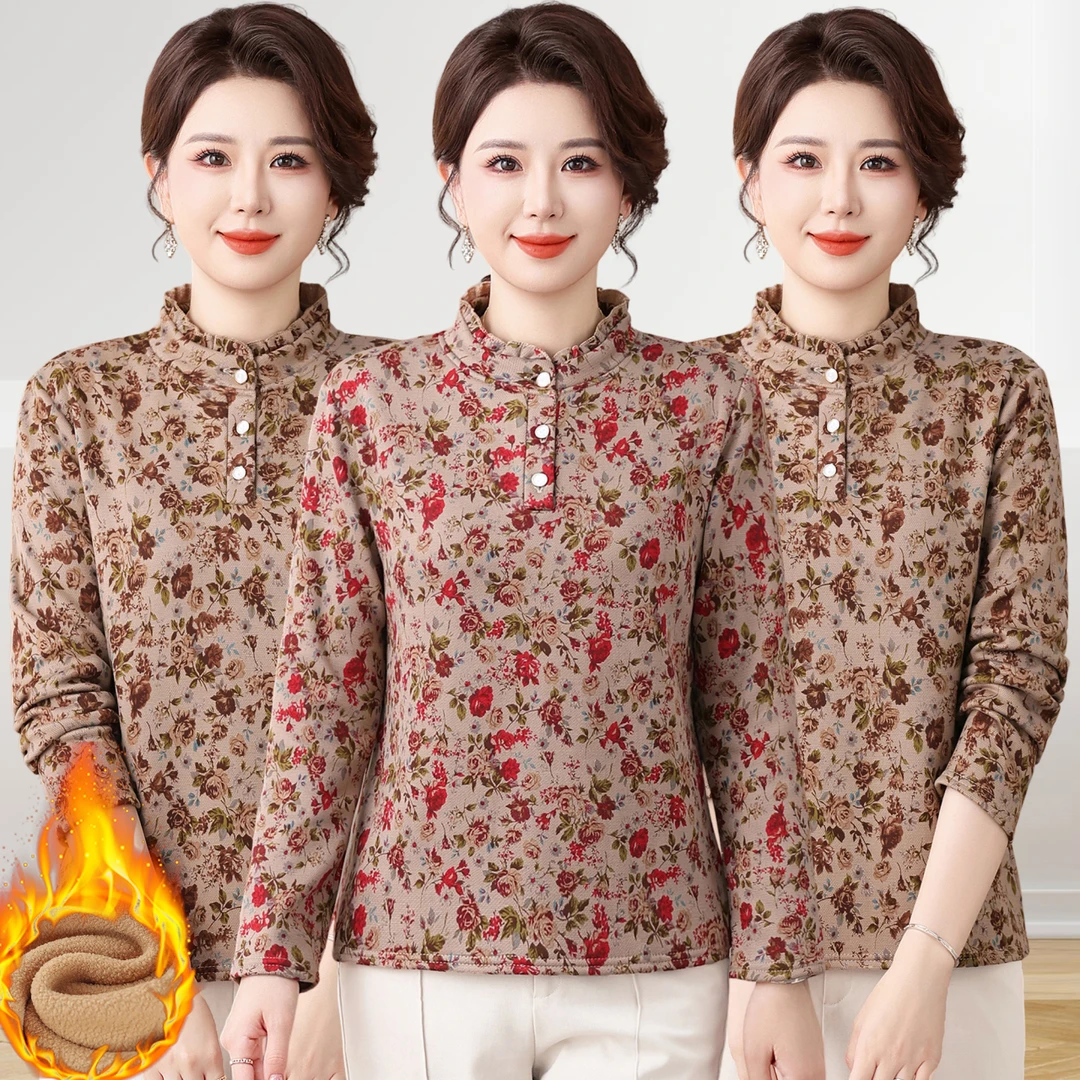 小个子妈妈秋冬打底衫女中年长袖衣服加绒中老年冬装内搭上衣碎花