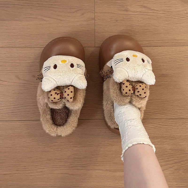 卡通小猫加绒拼接包头鞋女外穿2025秋冬季新款加绒保暖舒适棉鞋子