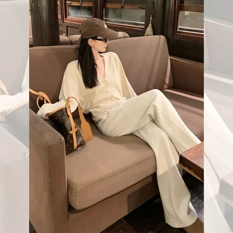 2025新款早秋穿搭ootd一整套小香风米白色针织衫阔腿裤两件套装女