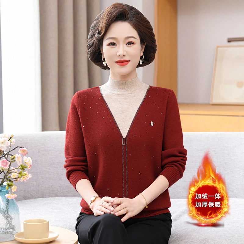 新款假两件妈妈装冬季一体绒毛衣中老年洋气加绒加厚保暖针织打底