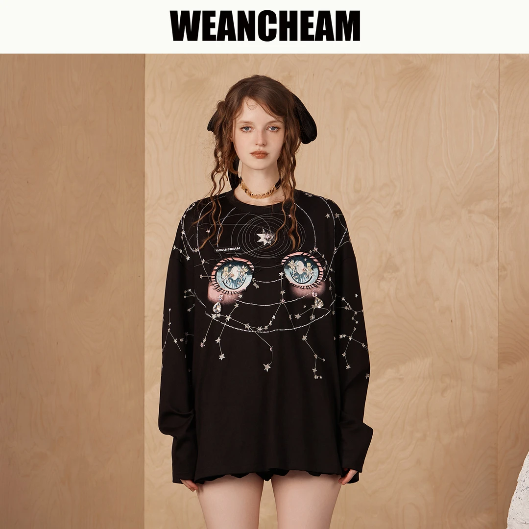 WEANCHEAM未未姆琥珀流光秋冬圆领长袖印花烫钻T恤W16QDT001