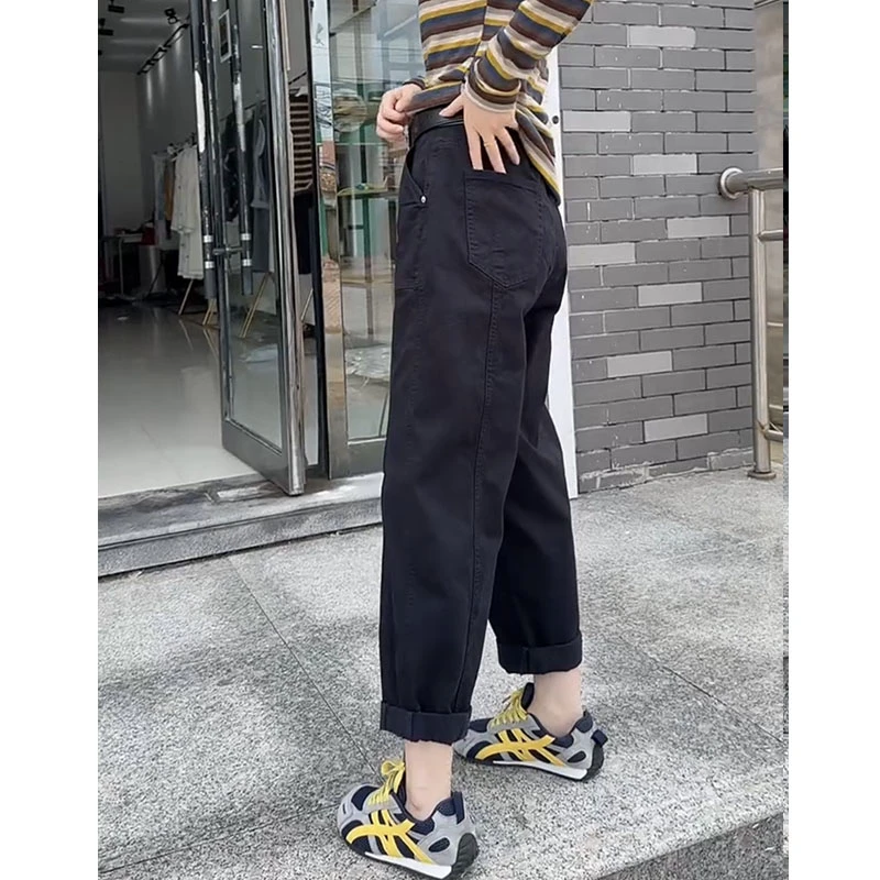 2025秋季新款九分黑色牛仔裤女显瘦遮肉哈伦裤大码遮肉洋气老爹裤