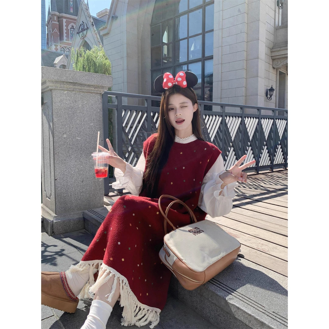 VOCKOO官方法式波点流苏红色连衣裙女秋季大码胖MM显瘦宽松遮肚针