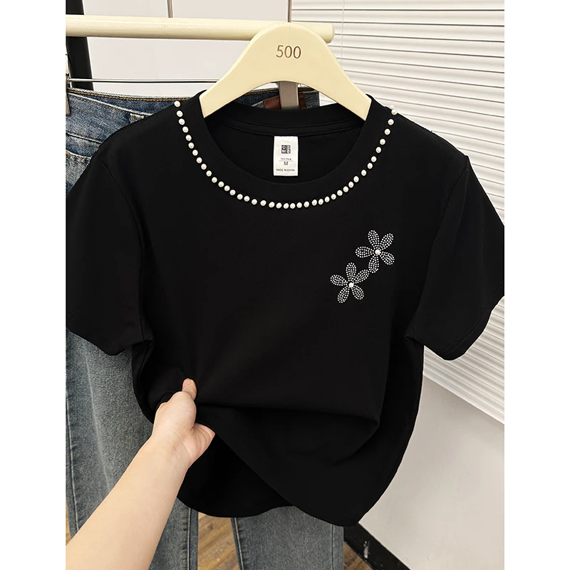 重工钉珠烫钻花朵正肩圆领短袖t恤女夏季韩版设计感时尚显瘦上衣