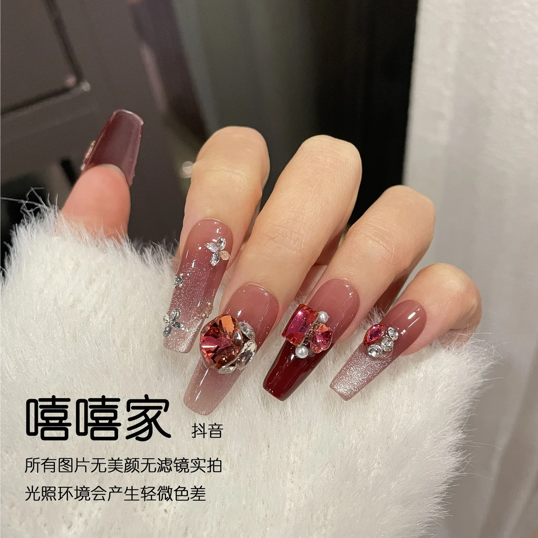 【心动车厘】东洲手工穿戴甲实拍爆闪碎钻车厘子酱显白高级美甲