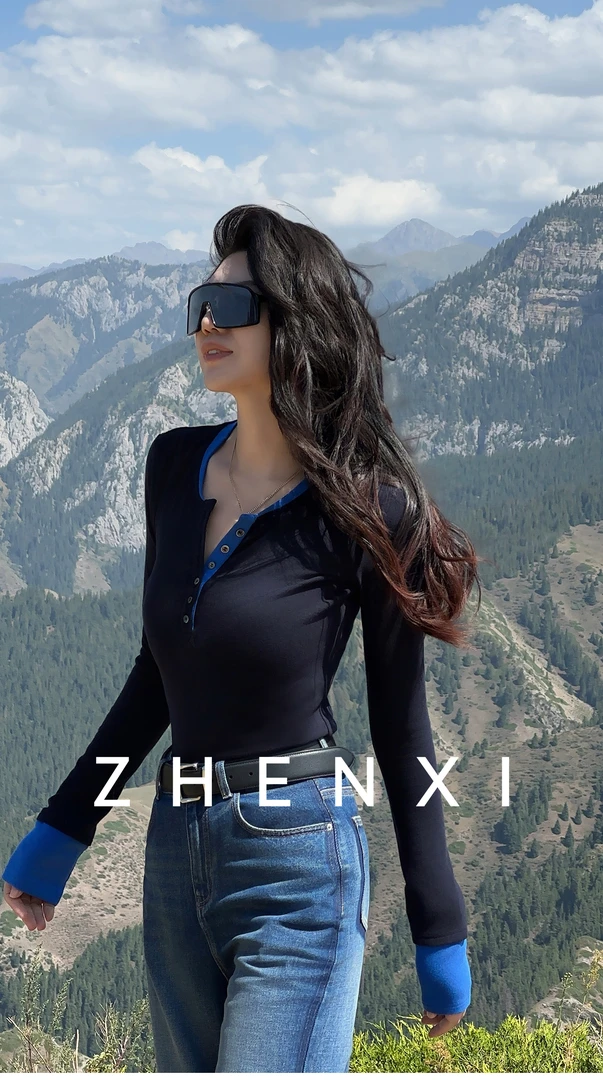 ZHENXI【亨利拼接】高个子穿搭长袖撞色半开襟针织打底25QDAZ0135