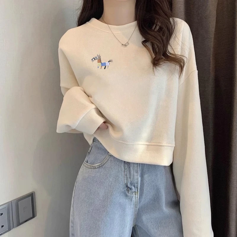 2025秋冬新款季圆领高腰短款小个子卫衣女薄款爆款宽松加绒上衣服