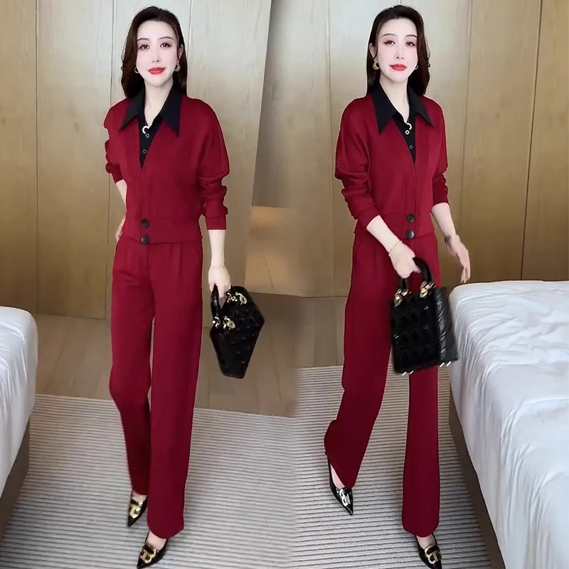 开春韩系穿搭时尚套装女2025新款春装爆款假两件上衣直筒裤两件套