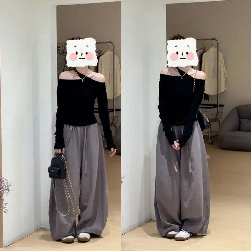 休闲时尚小个子早秋百搭设计感挂脖长袖上衣休闲阔腿裤显瘦一整套