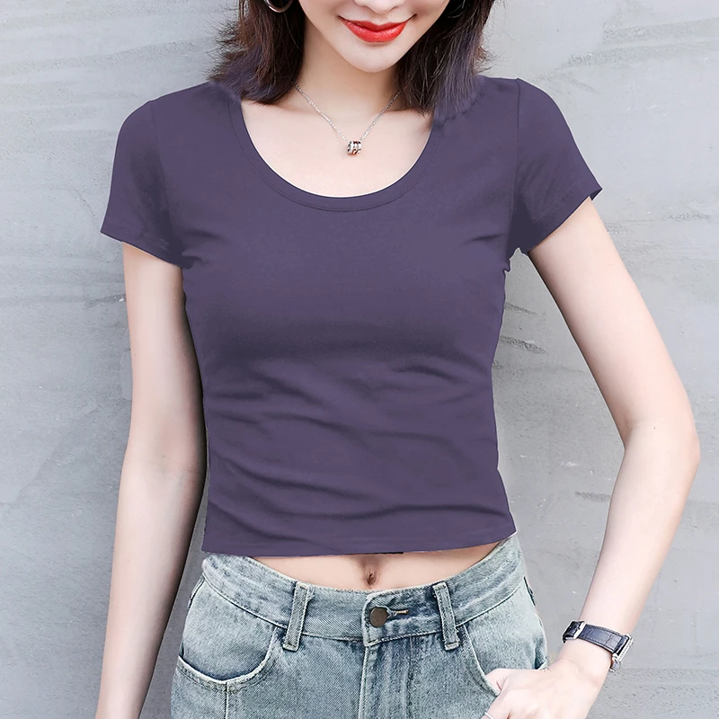 夏季多巴胺穿搭暗紫短款上衣女修身露脐短袖T恤显腰显瘦性感百搭