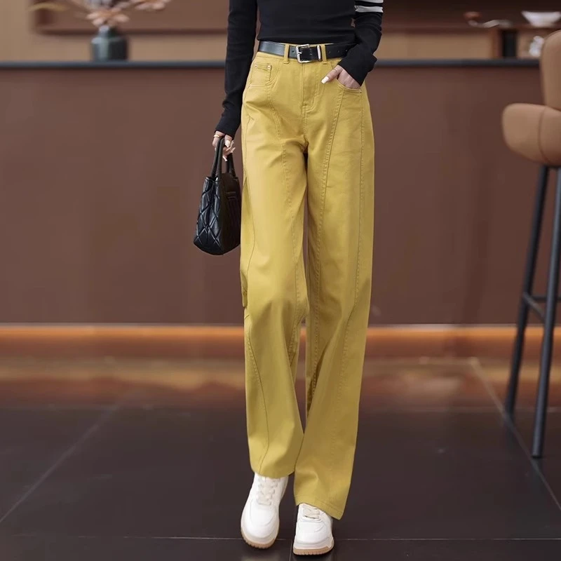 黄色窄版弯刀牛仔裤女2025春秋新款高腰显瘦春秋阔腿裤休闲镰刀裤