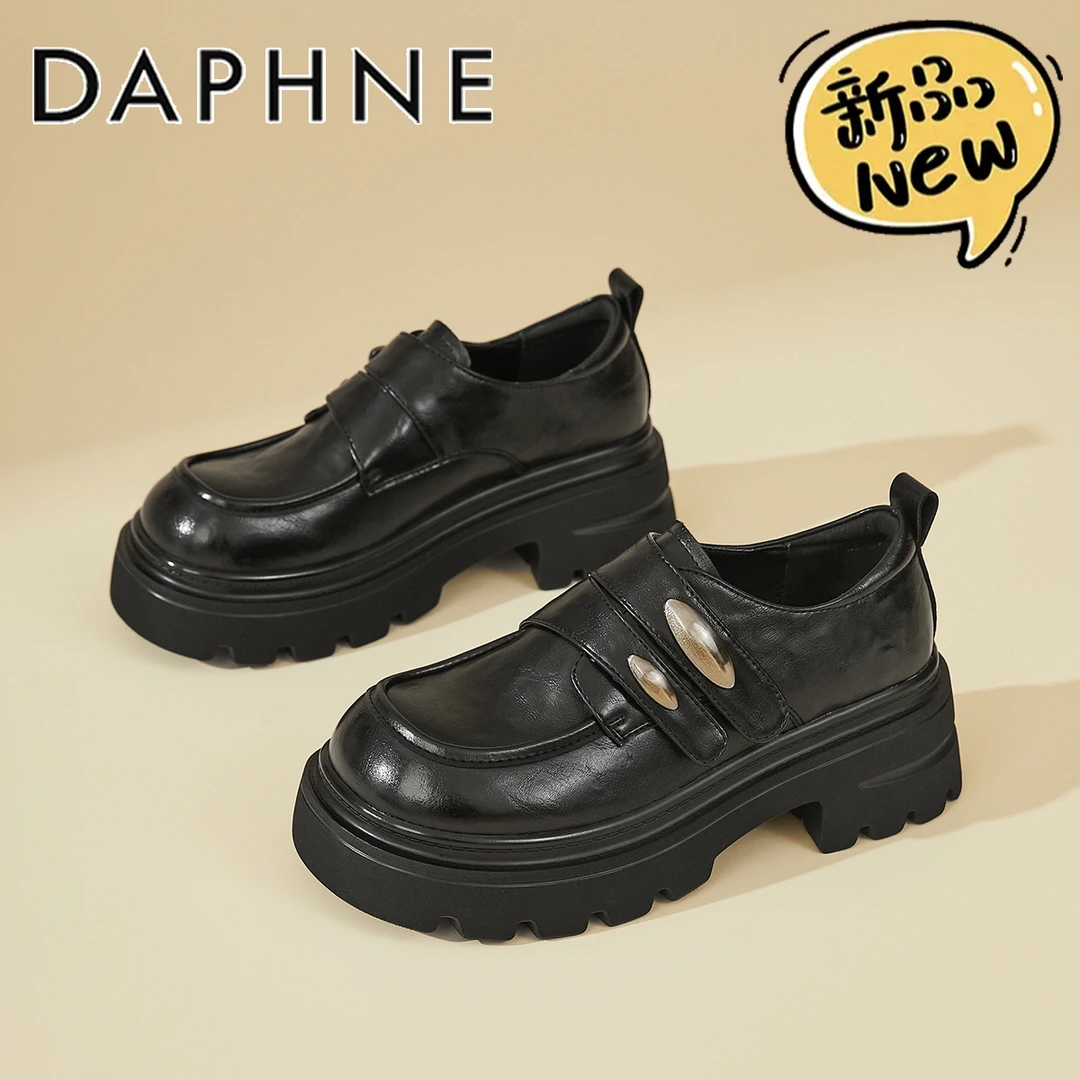 达芙妮黑色复古厚底乐福鞋女2025秋季新款学院风单鞋魔术贴小皮鞋