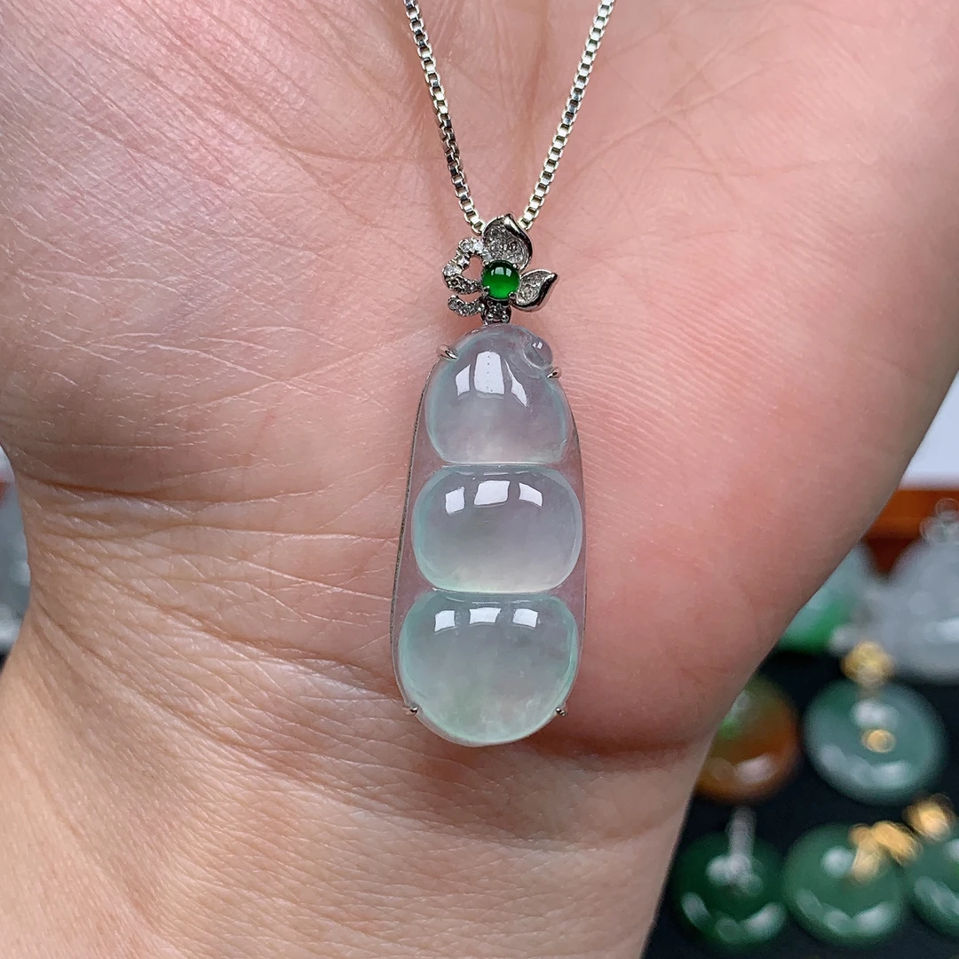 缅甸天然翡翠A货 冰种飘花福豆179/810（尺寸26.2x12.3x6.9)