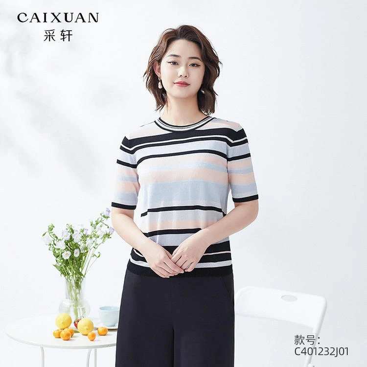 C401232J01CAIXUAN采轩圆领多色条纹撞色显瘦短袖针织套头衫
