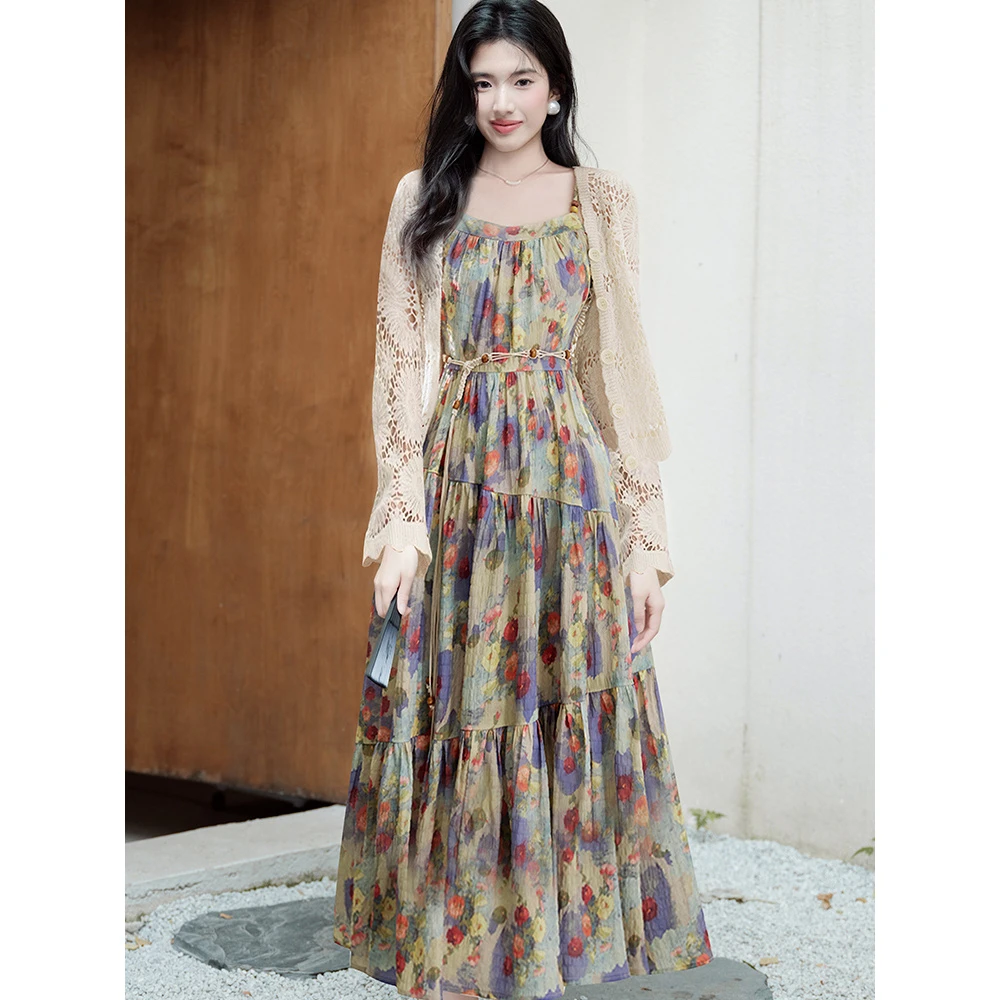 法式夏季设计感油画印花碎花连衣裙海边旅游度假风吊带裙子两件套