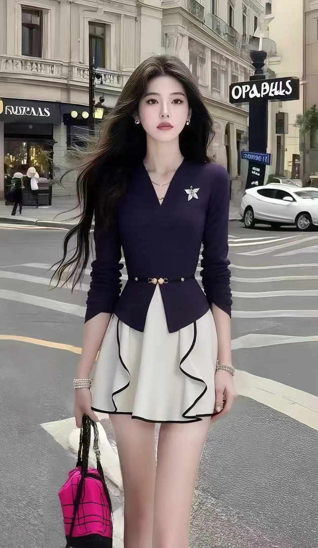 时尚新款显瘦气质穿搭修身V领长袖上衣+白色高腰半身裙女两件套