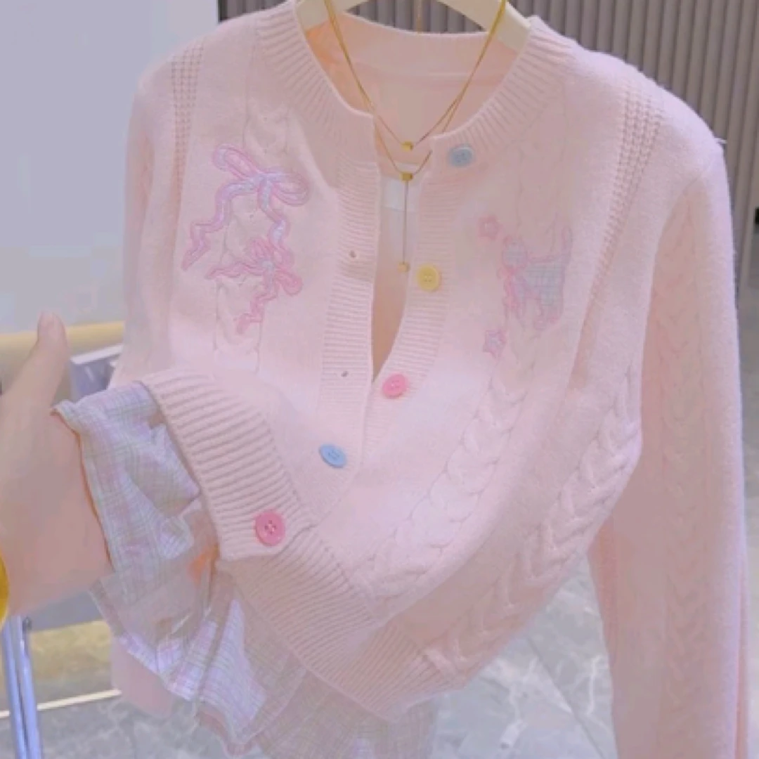 159韩系白色绞花毛衣开衫女秋冬糖果色纽扣