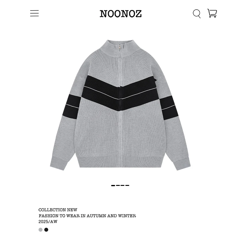 NOONOZ秋冬撞色拼接立领开衫毛衣男宽松潮牌保暖慵懒美式针织外套