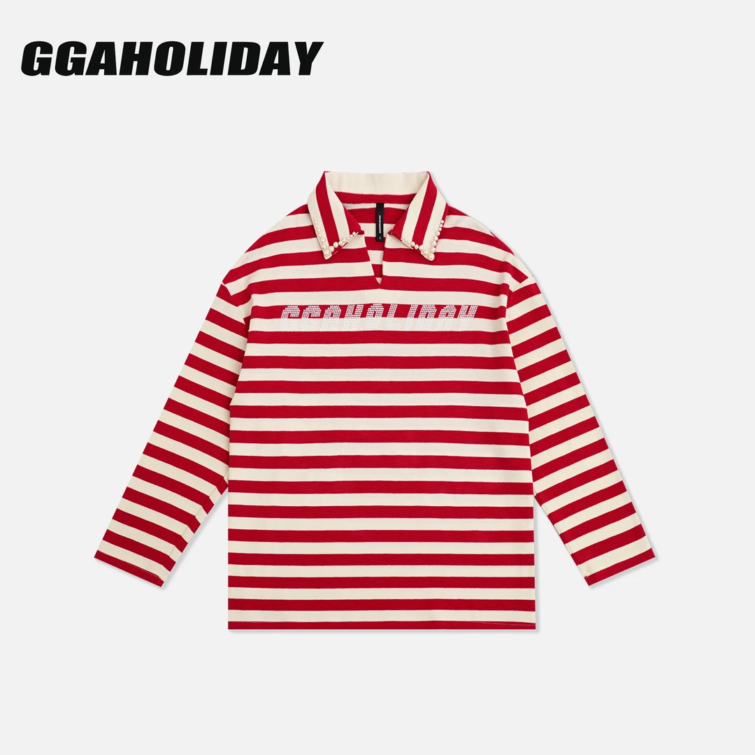 【上新】GGAHOLIDAY时尚宽松复古潮流POLO衫条纹撞色长袖T恤-153199