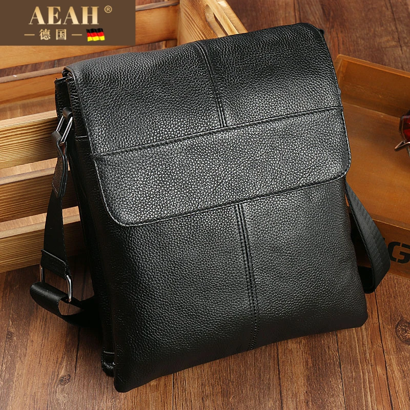 AEAH头层牛皮荔枝纹商务男士单肩包竖款盖式真皮男包公文包潮流百