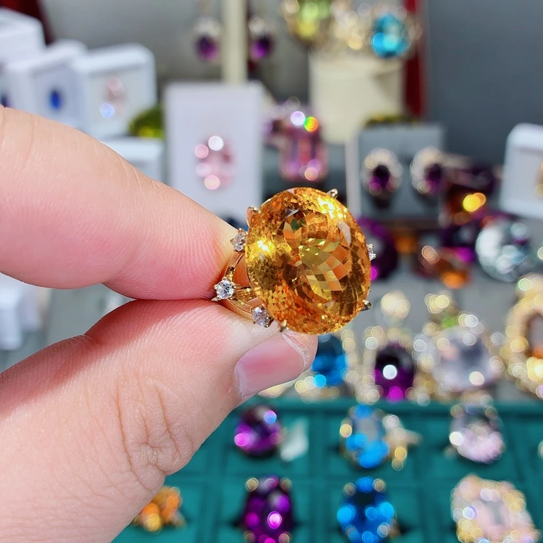 黄晶珠宝半成品银S925镶嵌戒指