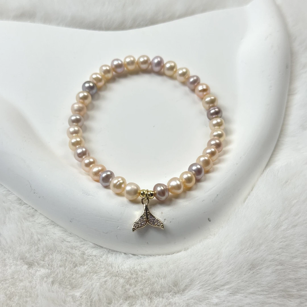 【鱼尾】6mm天然淡水无核珍珠糖果多宝色弹力绳手链