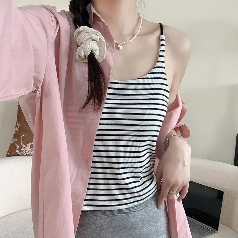 1【自带胸垫】美背打底外穿条纹防走光吊带背心女细肩带显瘦简约