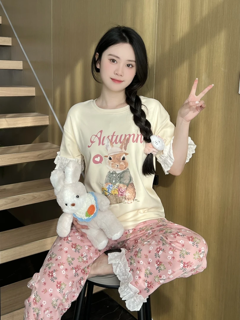 【带胸垫】2025新款睡衣纯棉家居服套装大码短袖长裤