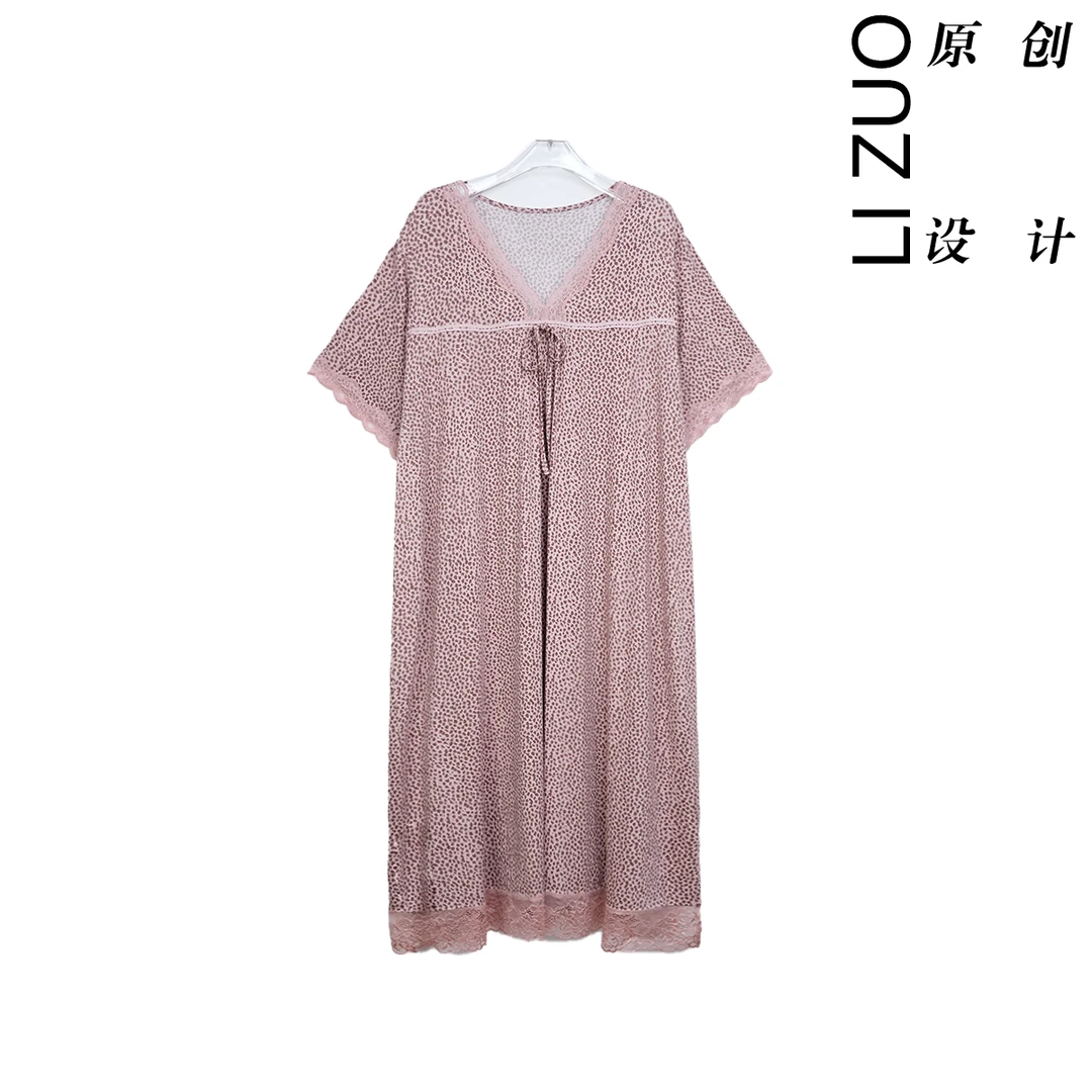 ”家居裙“大码胖mm人棉印花时尚蕾丝边V领半袖家居服连衣裙9367