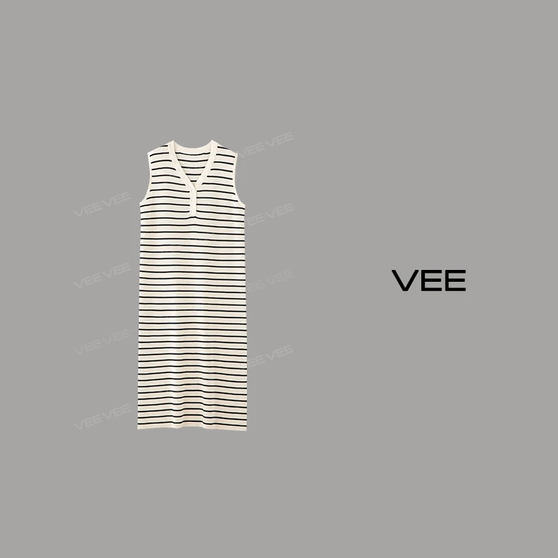 短视频VEE【纸片人】新品时尚显瘦条纹针织V领背心无袖百搭连衣裙