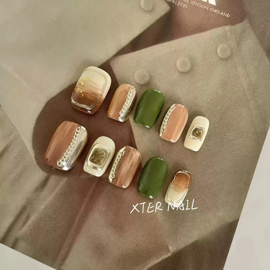 秋冬美甲栗子茶渐变穿戴美甲成品显白手工定制短款假指甲贴片