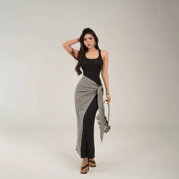 【蜜蜜家】晚风清梦 欧美辣妹气质性感假两件绑带连衣裙长裙25/Y623