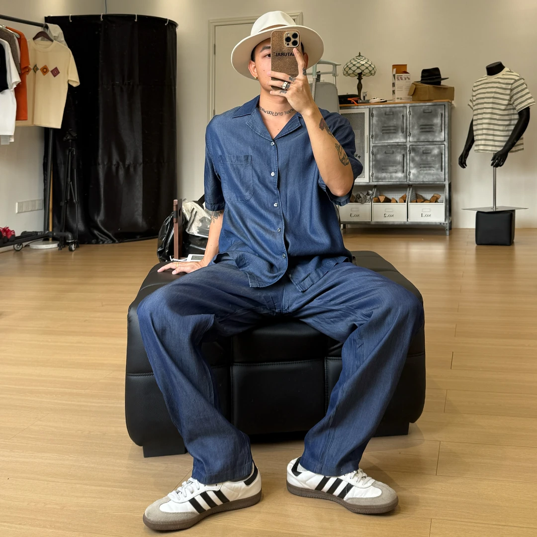 老颜夏季新款莱赛尔牛仔套装老钱风对襟领男时尚短袖衬衫长裤