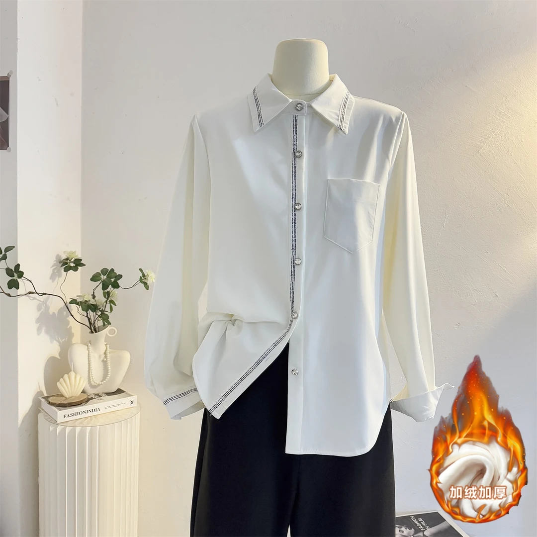 加绒加厚翻领白色长袖衬衫女2025秋冬高级感通勤气质内搭打底衬衣