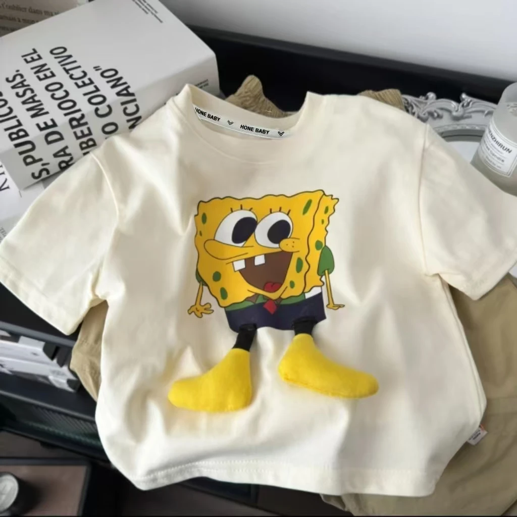 51073男女宝2025新款儿童时尚印花立体玩偶百搭短袖卡通T恤纯棉