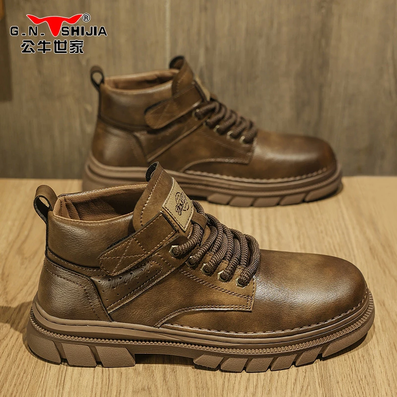 公牛世家男鞋秋冬男士商务休闲英伦皮鞋防滑耐磨透气工装马丁靴男