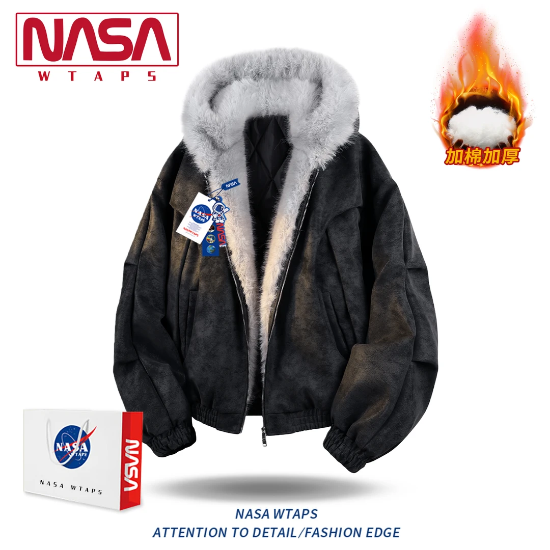 NASA WTAPS一件过冬PU皮座山雕男女休闲复古加绒保暖连帽棉衣外套