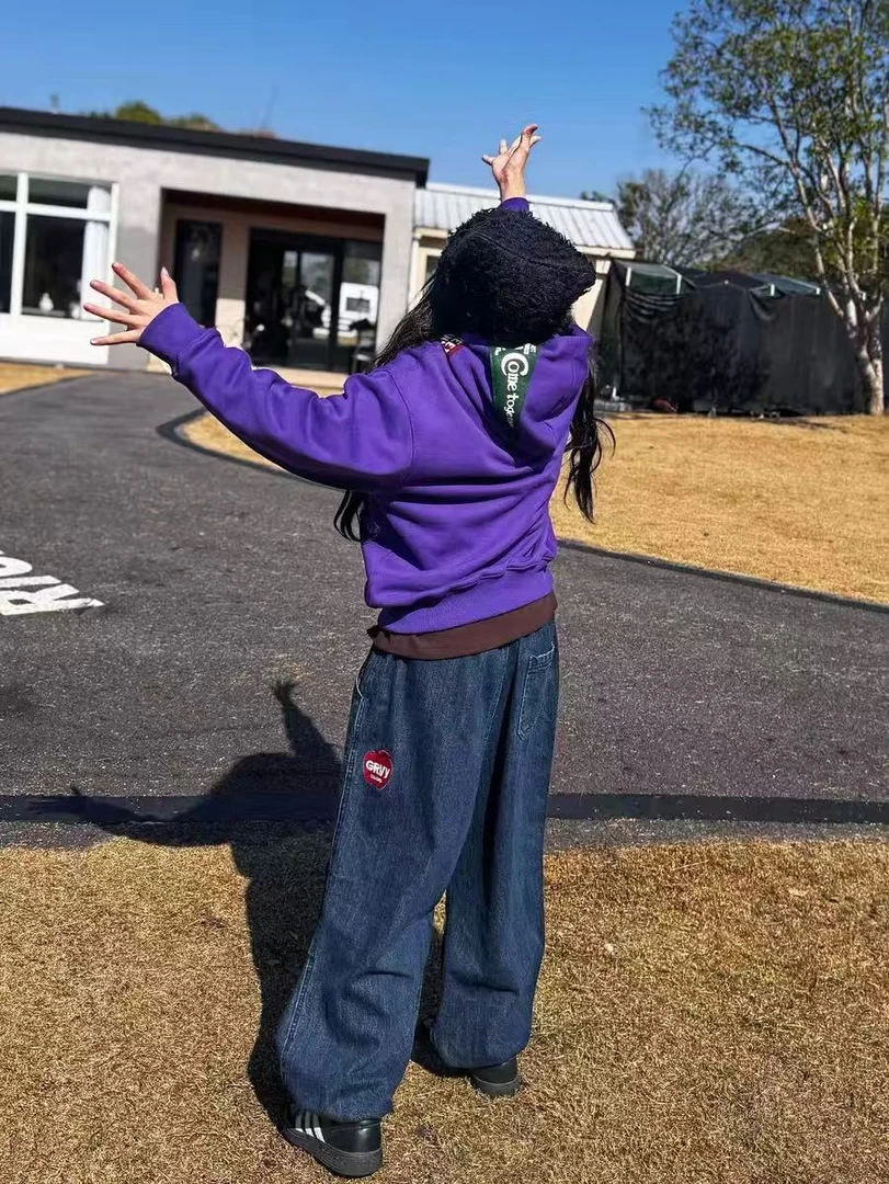 【一彩】定制 儿童抓绒苹果牛仔裤 男童女童日系潮牌褶皱刺绣牛仔裤