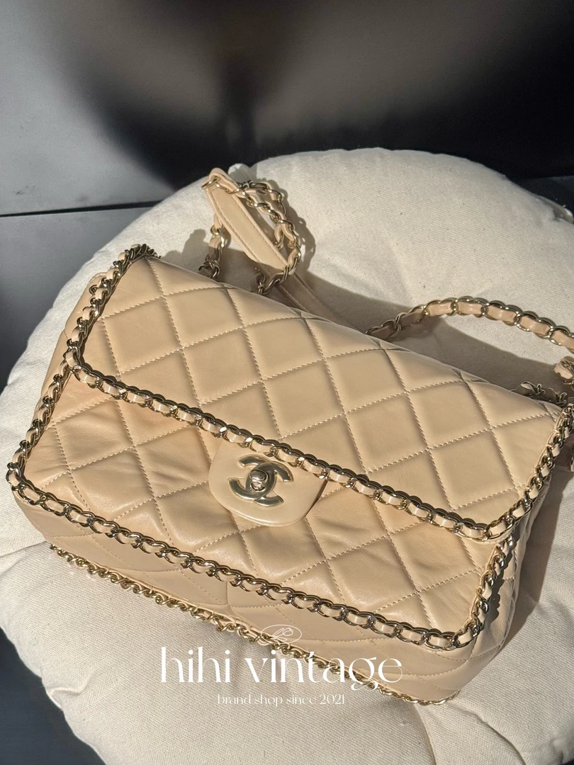 99新 Chanel/香奈儿 20K奶茶色金扣滚边口盖包30开/13770337JL