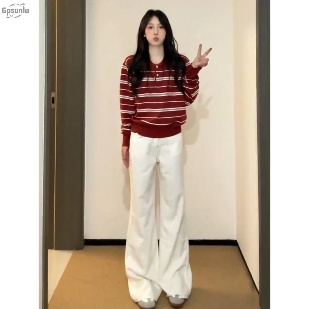 gpsunlu外搭红色条纹长袖针织衫女新款秋季韩系宽学生毛衣开衫
