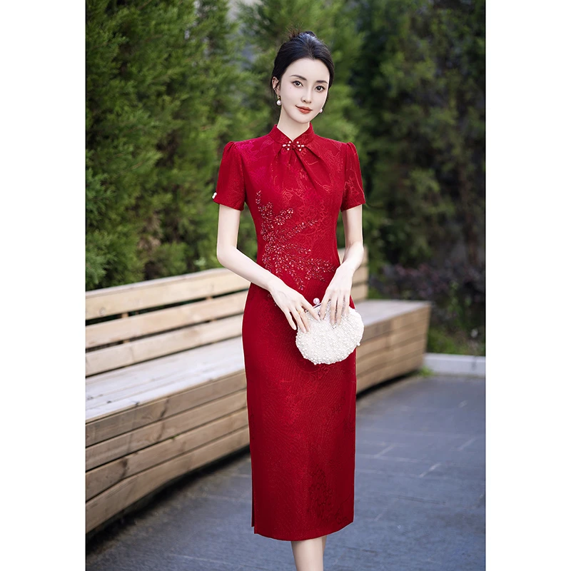 新中式红色新娘回门服敬酒服订婚喜宴喜婆婆气质中长款修身日常